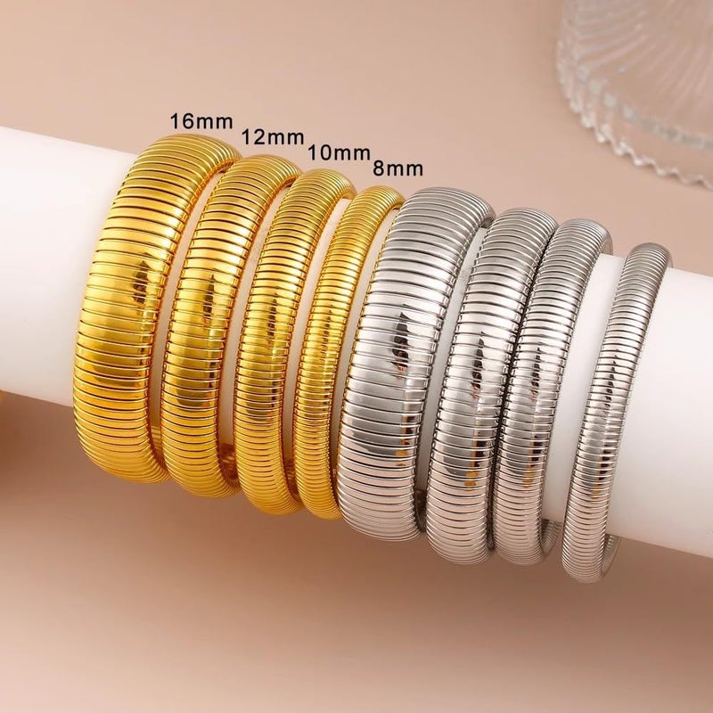 JUNYANGY Gold Bangles for Women Set of 3 Chunky Stretch Bangles Bracelets 24K Gold Plated Stainless Steel Bracelets Flexible Wide Stack Bracelets Designer Look Alike Jewelry for Women - Image 4